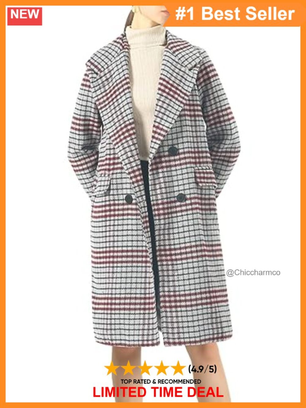 Wool Blend Plaid Trench Coat Double Breasted Notch Collar Longline